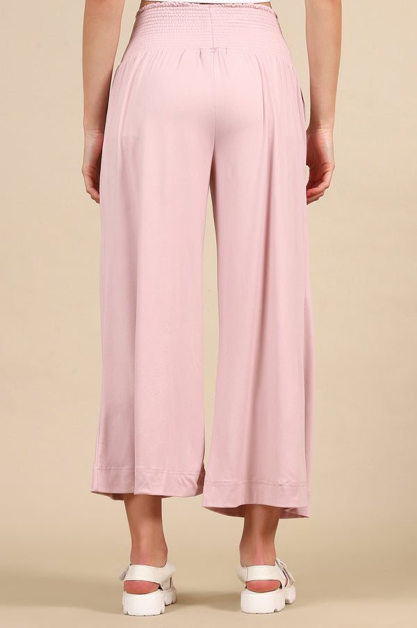 Pink Solid Flared Pants With Smoked High Waisted Detail