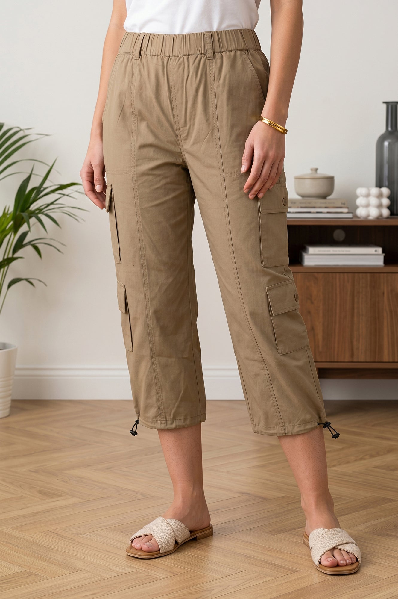Khaki High Rise Cargo Pants