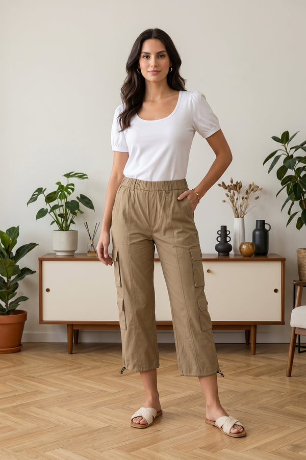 Khaki High Rise Cargo Pants