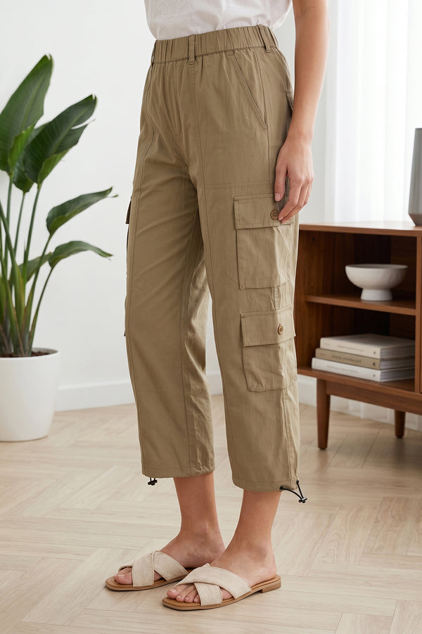 Khaki High Rise Cargo Pants