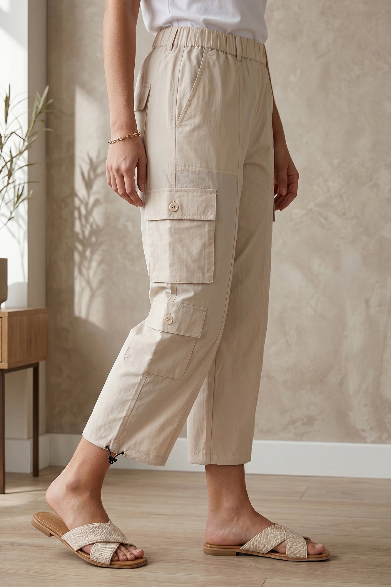 Cream High Rise Cargo Pants