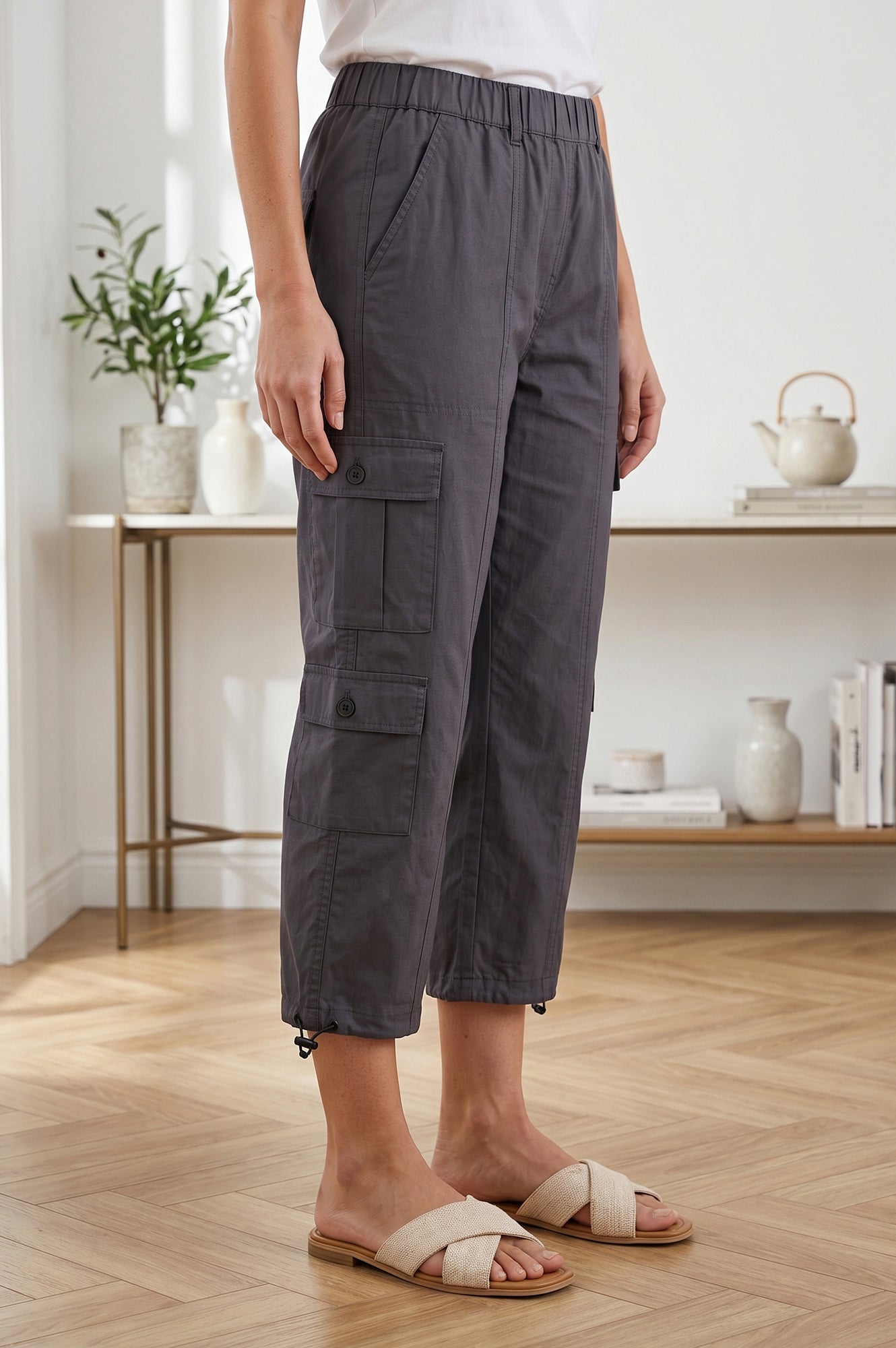 Charcoal High Rise Cargo Pants