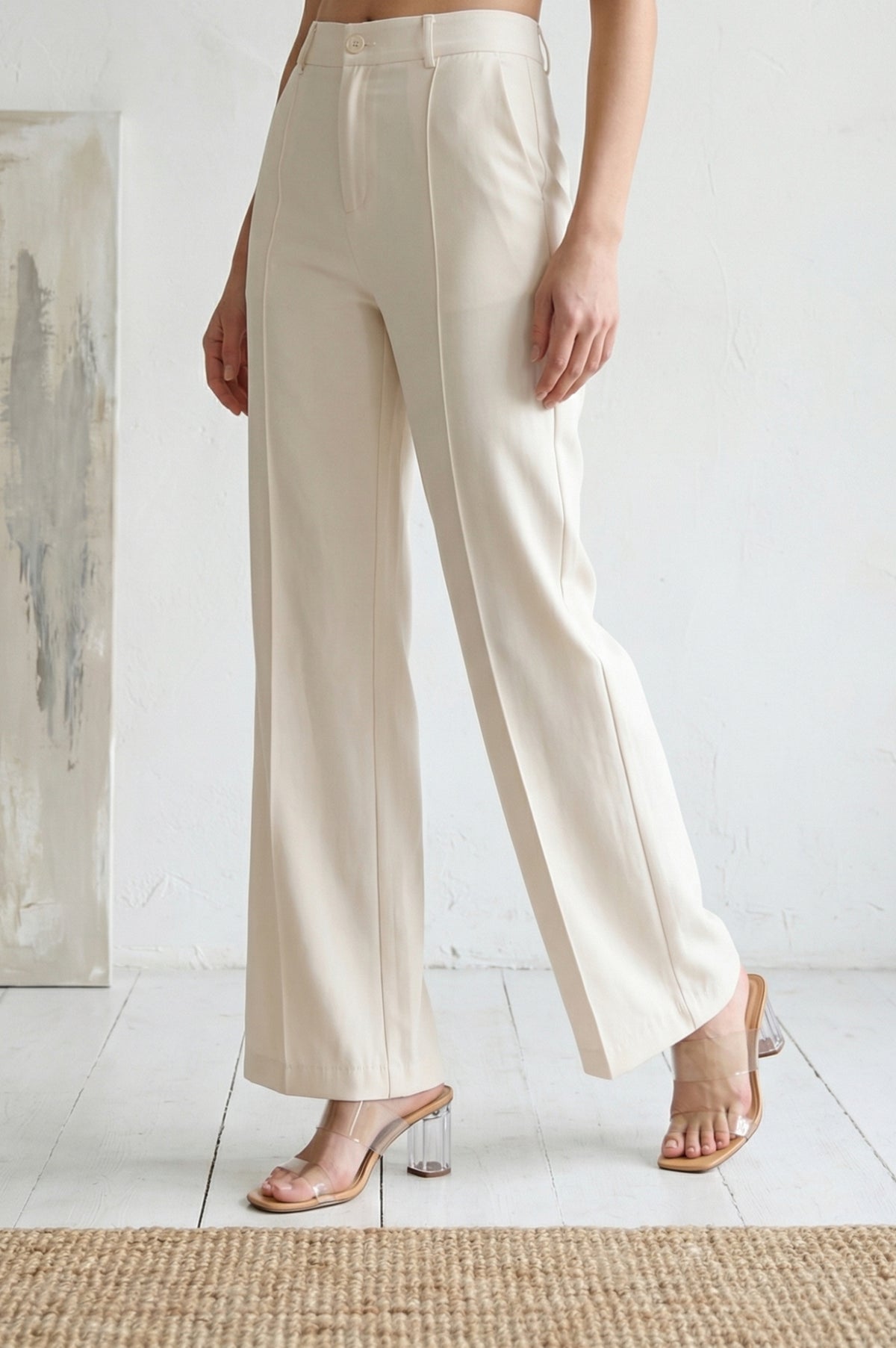 Cream Solid Rayon Blend Straight Ankle Length Boss Pants