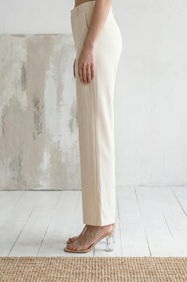 Cream Solid Rayon Blend Straight Ankle Length Boss Pants