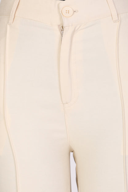 Cream Solid Rayon Blend Straight Ankle Length Boss Pants