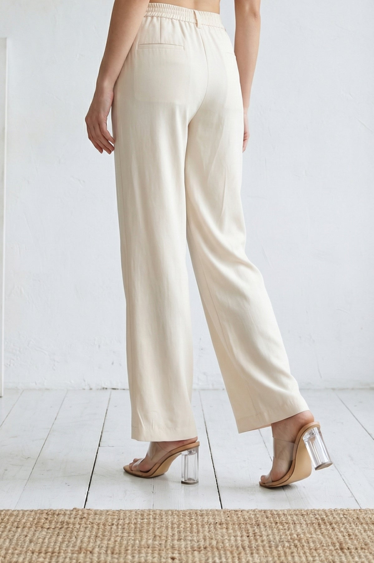Cream Solid Rayon Blend Straight Ankle Length Boss Pants