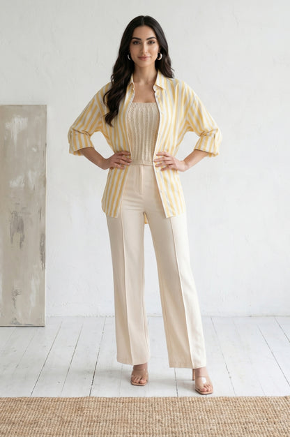 Cream Solid Rayon Blend Straight Ankle Length Boss Pants