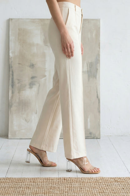 Cream Solid Rayon Blend Straight Ankle Length Boss Pants