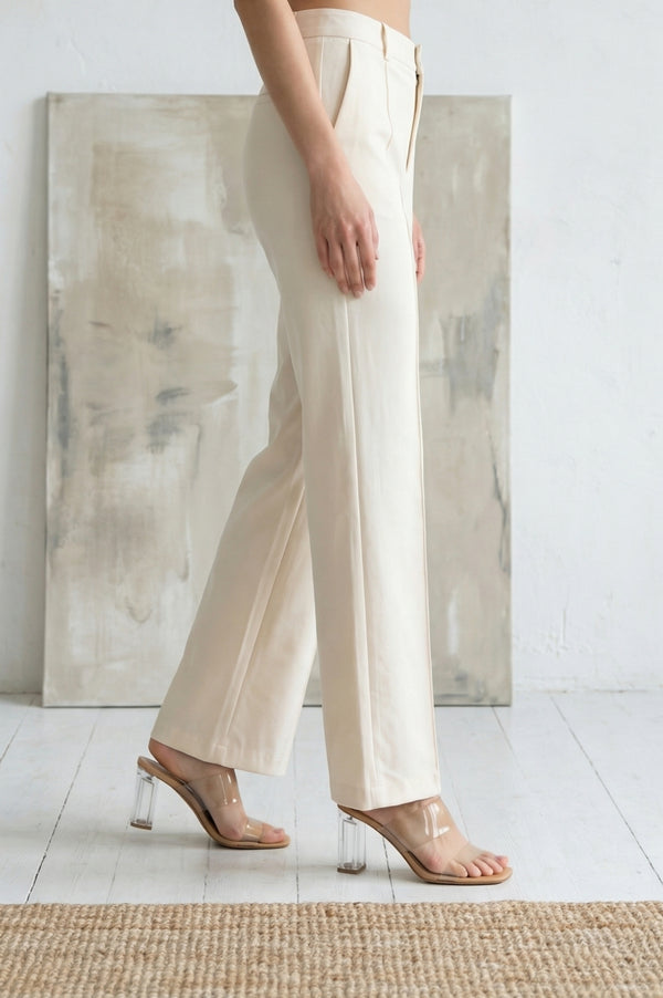 Cream Solid Rayon Blend Straight Ankle Length Boss Pants