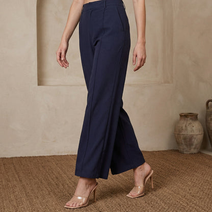 Navy Blue Solid Rayon Wide-Leg Boss Pants