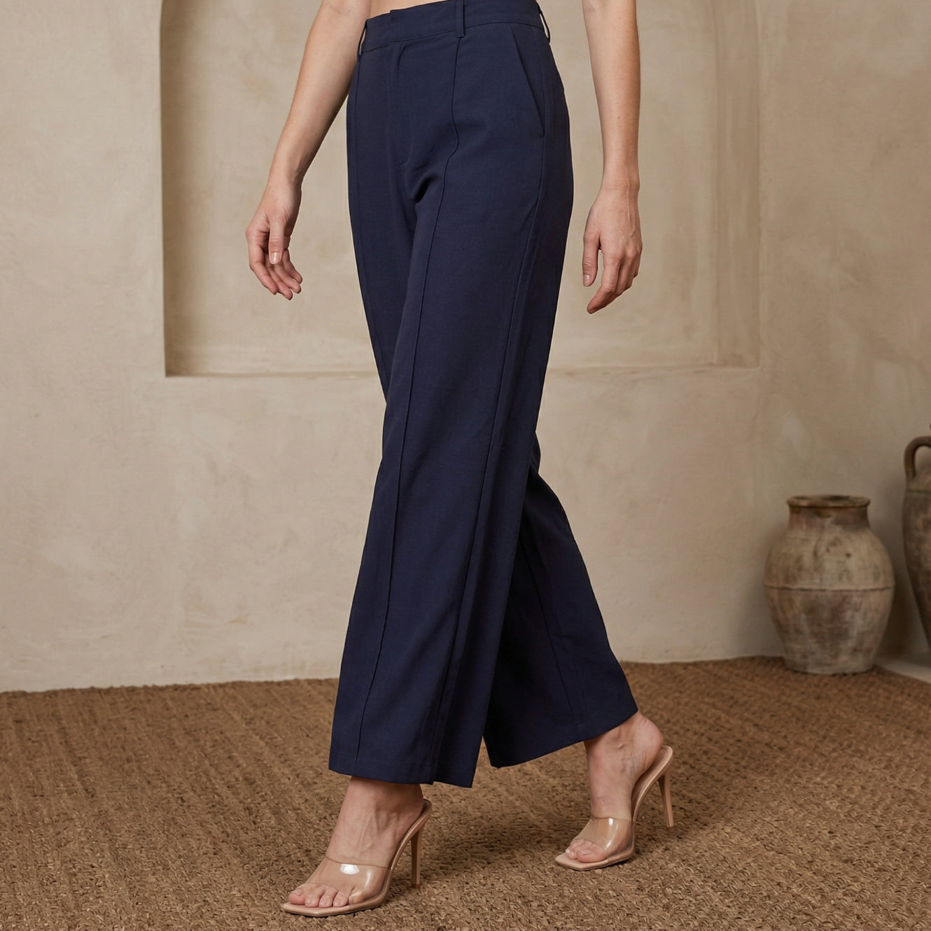 Navy Blue Solid Rayon Ankle Length Pants