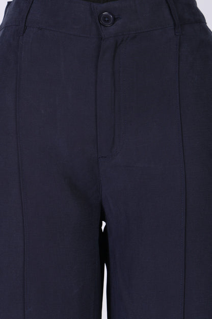 Navy Blue Solid Rayon Wide-Leg Boss Pants