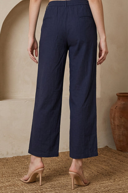 Navy Blue Solid Rayon Ankle Length Pants