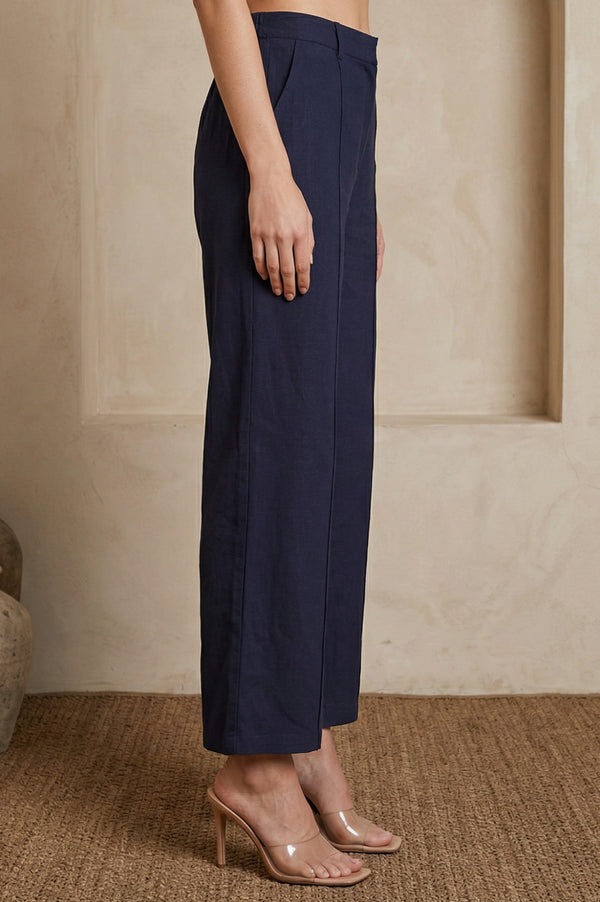Navy Blue Solid Rayon Wide-Leg Boss Pants