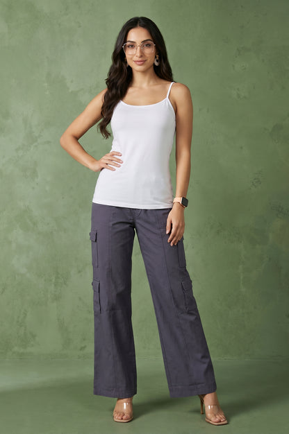Grey Pure Cotton Ankle Length Cargo Pants