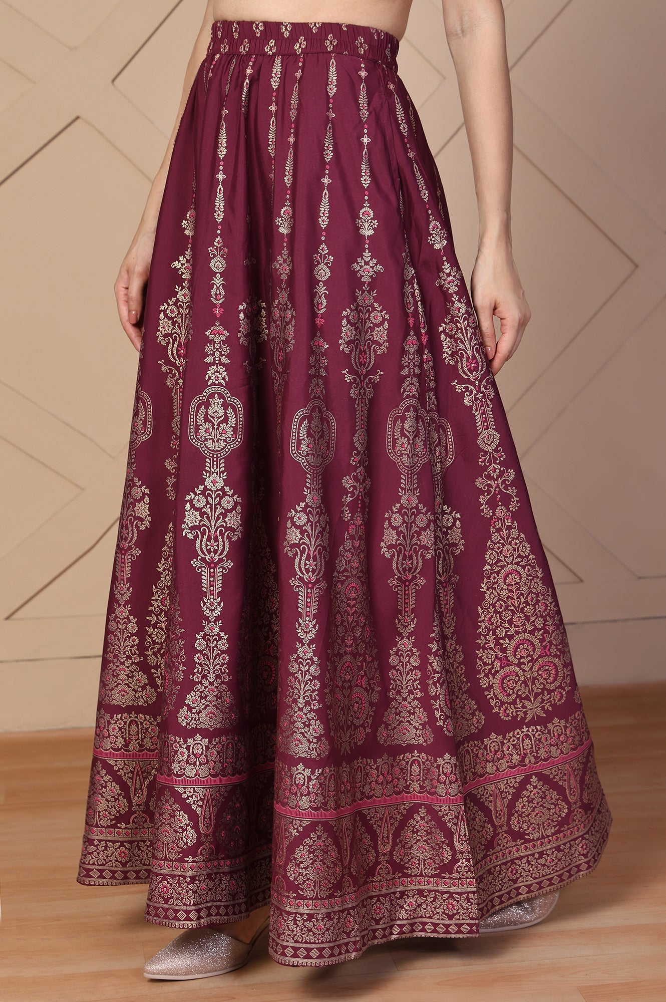 Maroon Ethnic Printed Flared Skirt