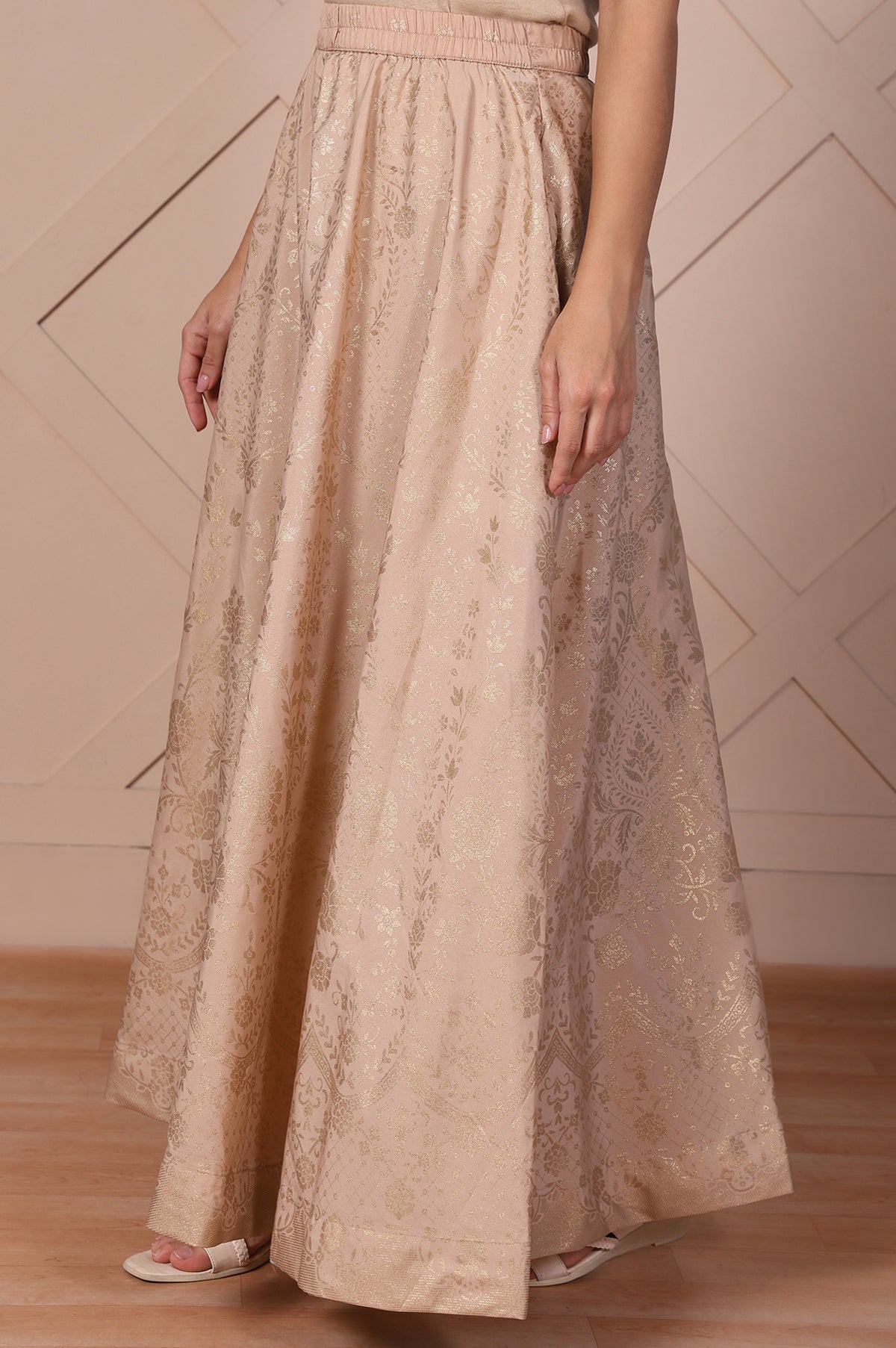 Beige Floral Printed High Rise Ankle Length Loose Fit Skirt