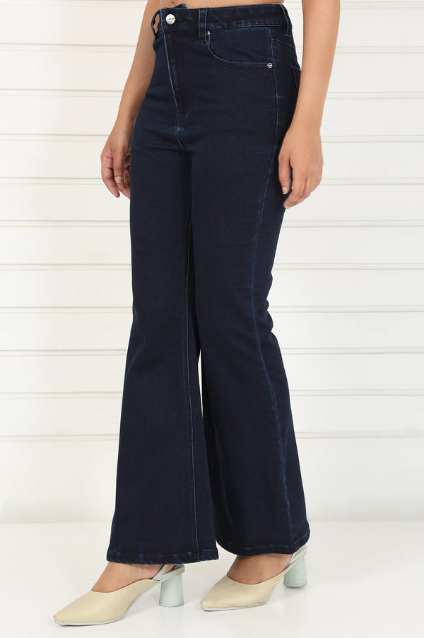 Blue Denim Lycra Mid Rise Ankle Length Flared Pants with YKK Zipper