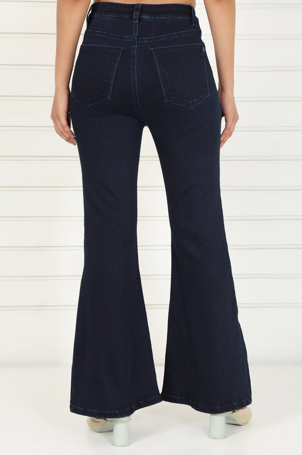 Blue Denim Lycra Mid Rise Ankle Length Flared Pants with YKK Zipper