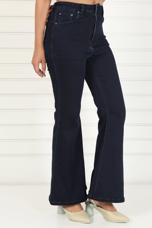 Blue Denim Lycra Mid Rise Ankle Length Flared Pants with YKK Zipper