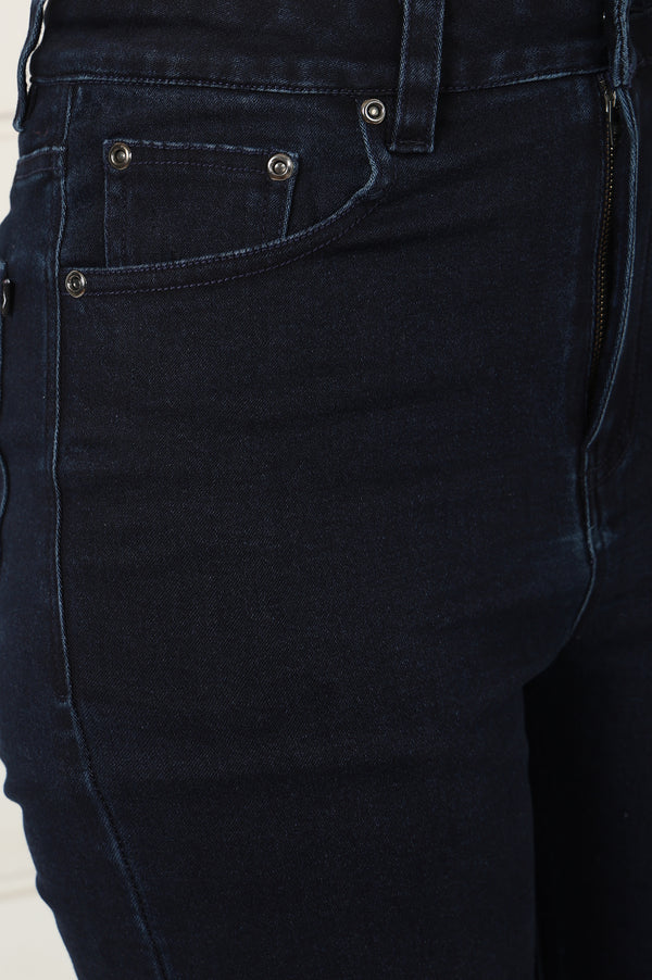 Blue Denim Lycra Mid Rise Ankle Length Flared Pants with YKK Zipper