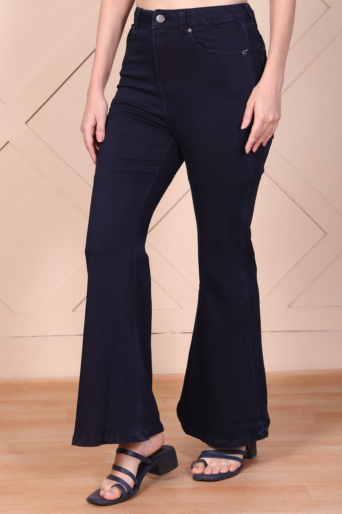 Navy Blue Denim Lycra High Rise Flared Jeans