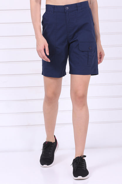 Blue Solid Mid Thigh Pure Cotton Shorts with YKK Zipper