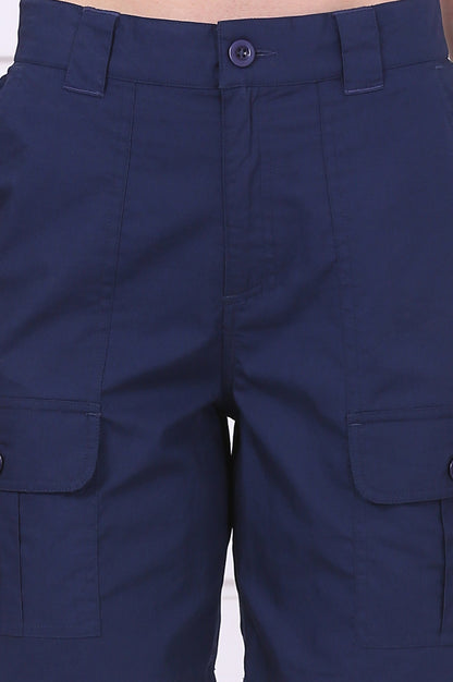 Blue Solid Mid Thigh Pure Cotton Shorts with YKK Zipper