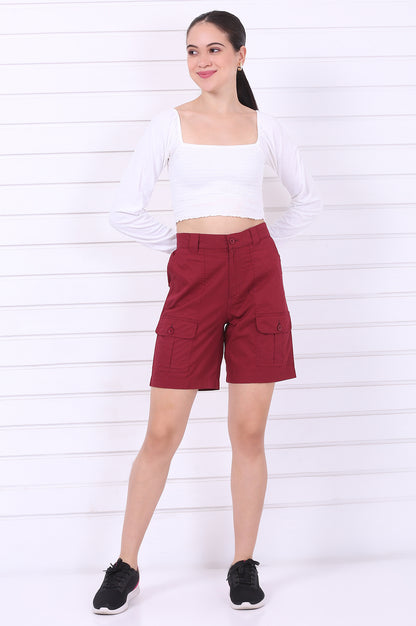 Red Solid Mid Thigh Pure Cotton Shorts with YKK Zipper