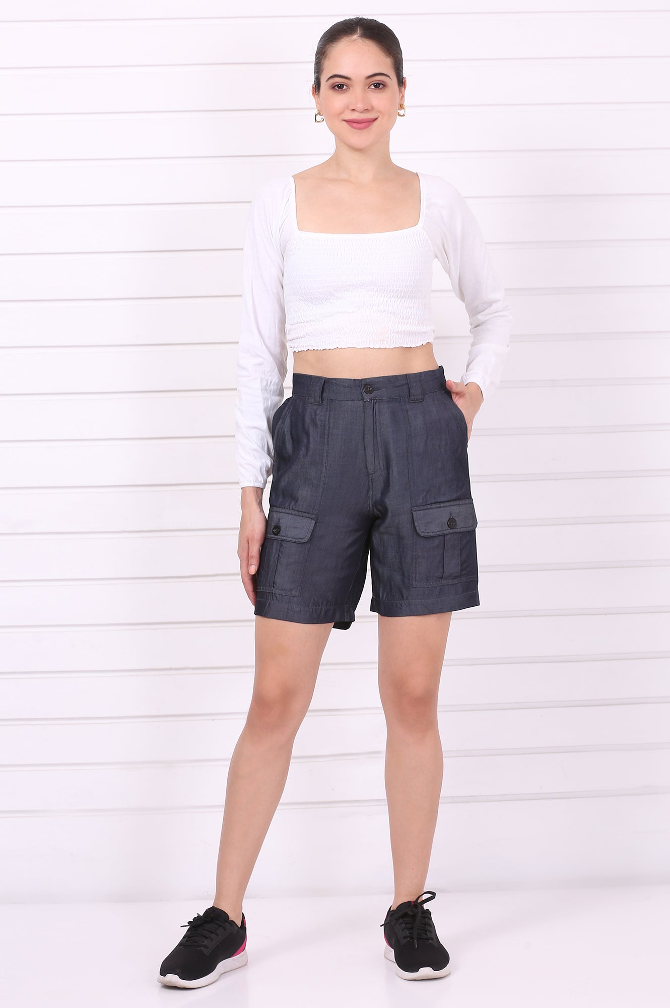 Blue Solid Mid Thigh Linen Shorts with YKK Zipper