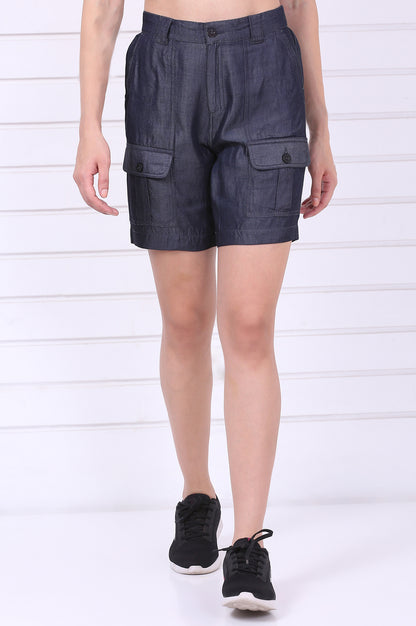 Blue Solid Mid Thigh Linen Shorts with YKK Zipper