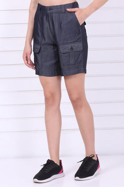 Blue Solid Mid Thigh Linen Shorts with YKK Zipper