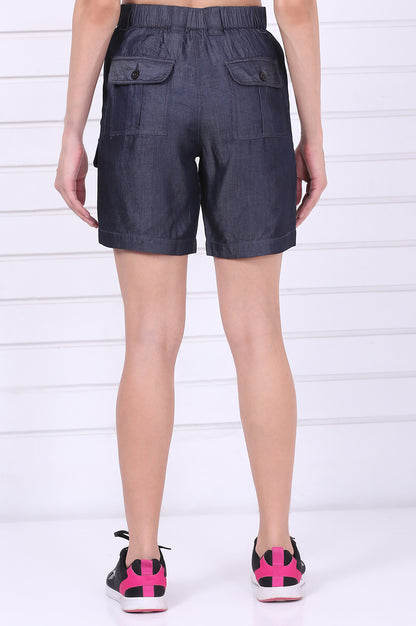 Blue Solid Mid Thigh Linen Shorts with YKK Zipper