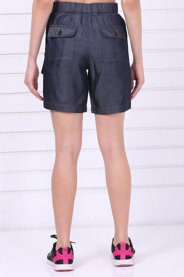 Blue Solid Mid Thigh Linen Shorts with YKK Zipper