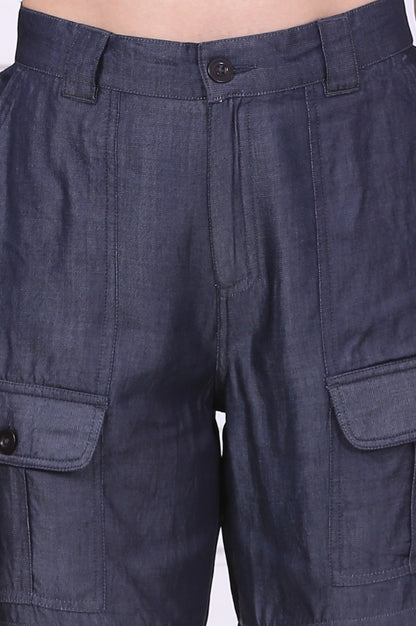 Blue Solid Mid Thigh Linen Shorts with YKK Zipper