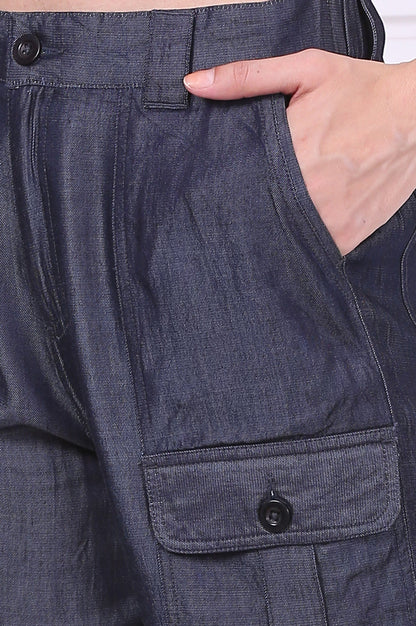 Blue Solid Mid Thigh Linen Shorts with YKK Zipper