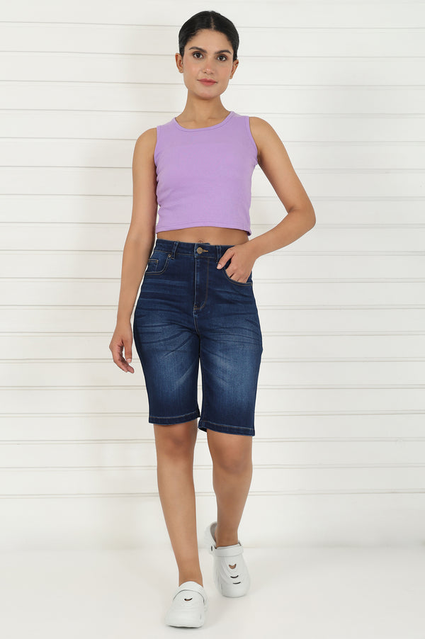 Blue Denim Lycra Mid Rise Mid Thigh Length Shorts with YKK Zipper