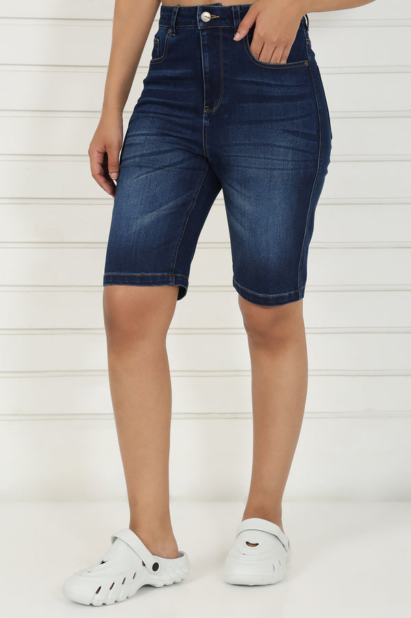Blue Denim Lycra Mid Rise Mid Thigh Length Shorts with YKK Zipper