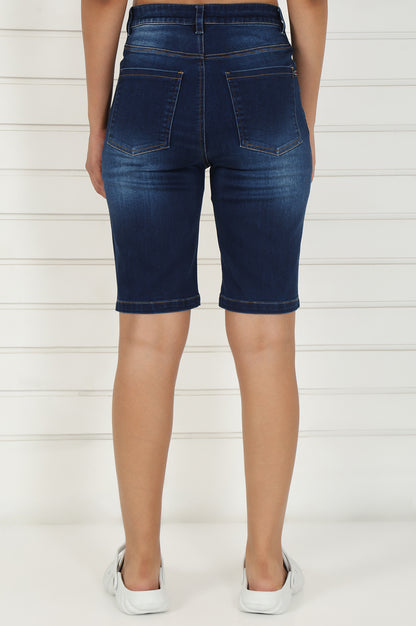 Blue Denim Lycra Mid Rise Mid Thigh Length Shorts with YKK Zipper