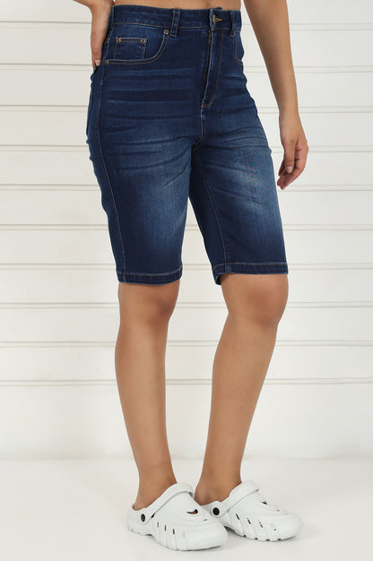 Blue Denim Lycra Mid Rise Mid Thigh Length Shorts with YKK Zipper