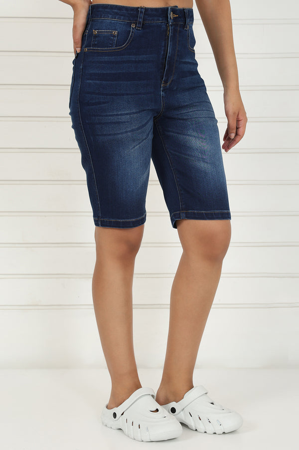 Blue Denim Lycra Mid Rise Mid Thigh Length Shorts with YKK Zipper
