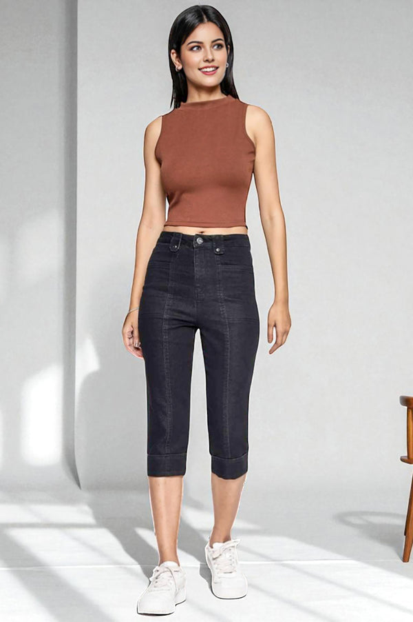 Black Cotton Denim Lycra Cropped Length Capri with YKK Zipper