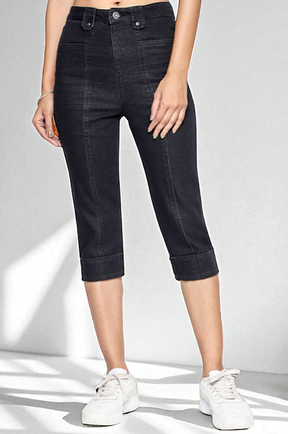 Black Cotton Denim Lycra Cropped Length Capri with YKK Zipper