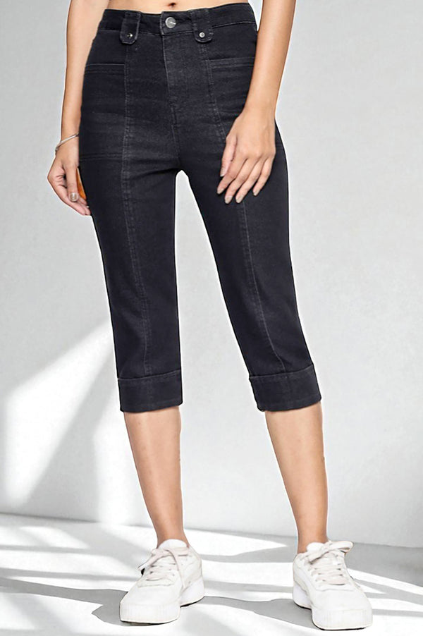 Black Cotton Denim Lycra Cropped Length Capri with YKK Zipper