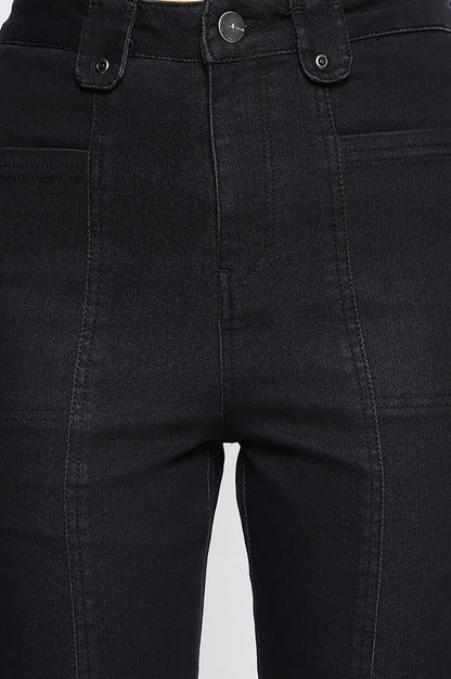 Black Cotton Denim Lycra Cropped Length Capri with YKK Zipper