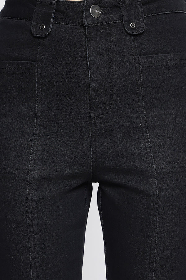 Black Cotton Denim Lycra Cropped Length Capri with YKK Zipper