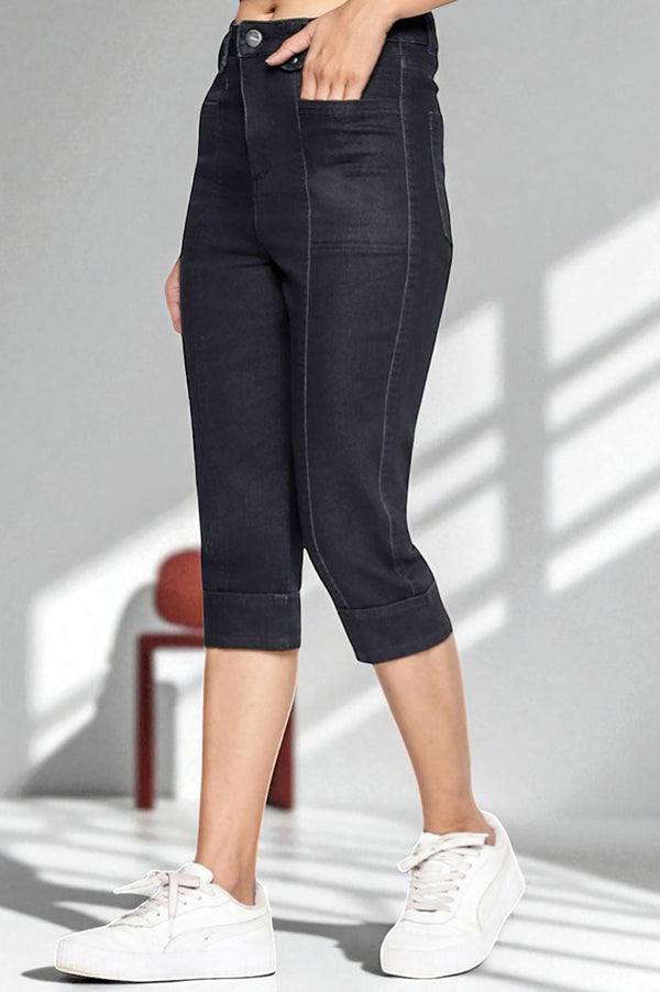 Black Cotton Denim Lycra Cropped Length Capri with YKK Zipper