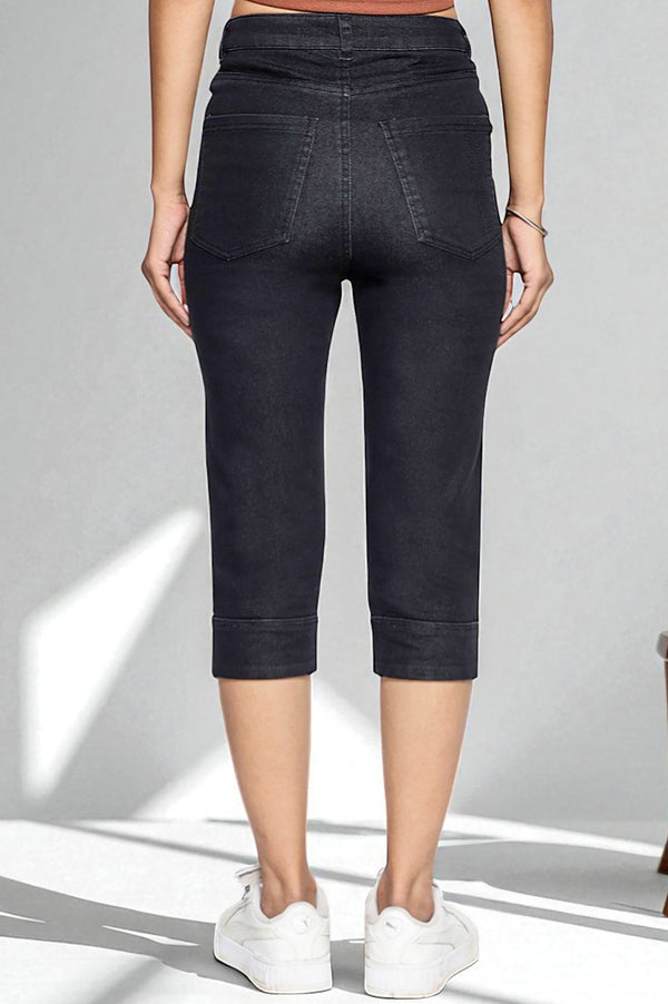 Black Cotton Denim Lycra Cropped Length Capri with YKK Zipper