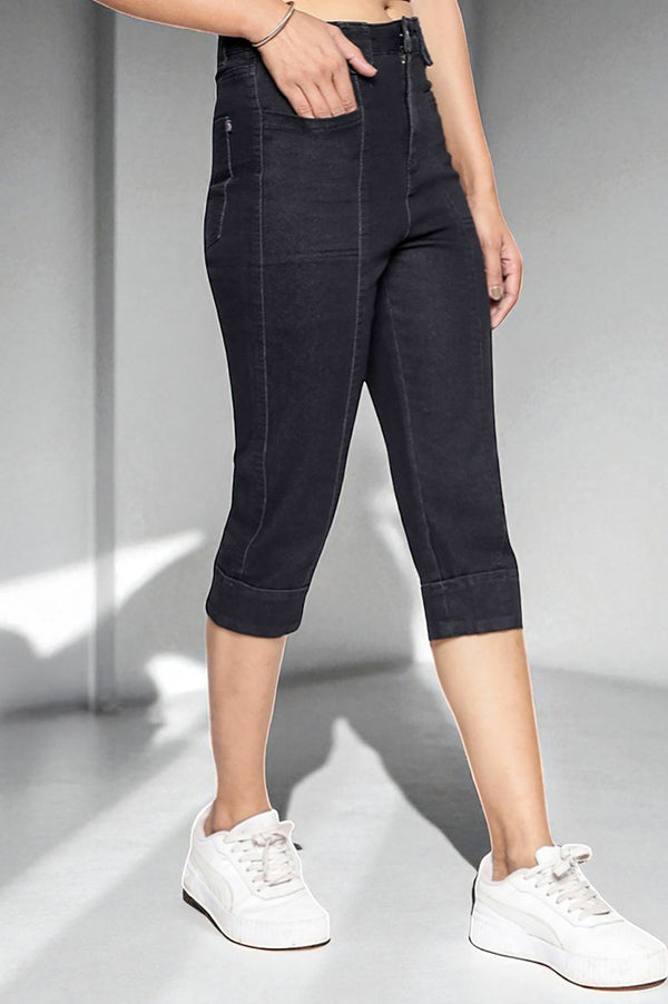 Black Cotton Denim Lycra Cropped Length Capri with YKK Zipper