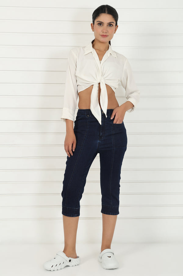 Blue Denim Lycra Mid Rise Calf Length Capri with YKK Zipper